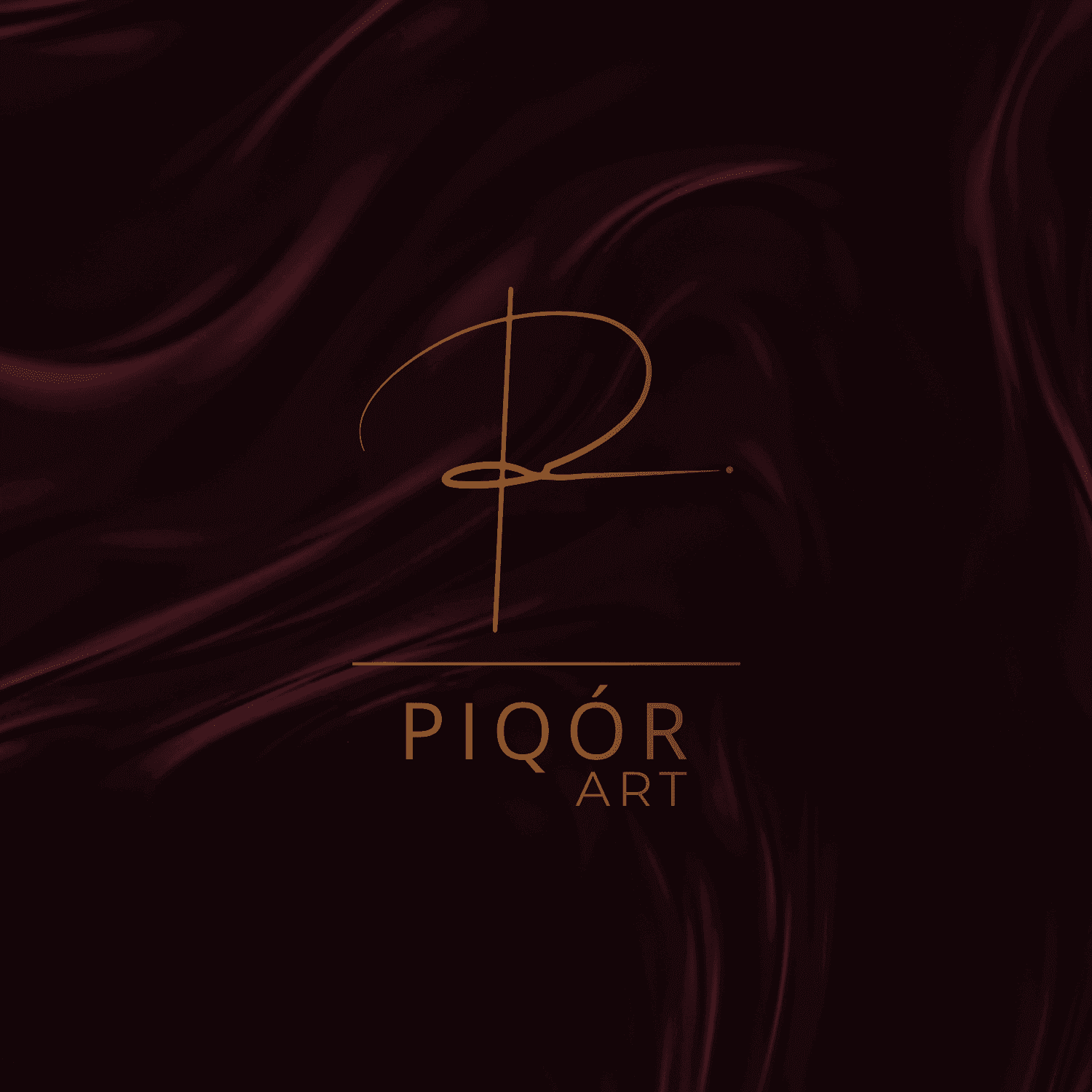 Logo of Piqór Art with elegant gold lettering on a dark, flowing fabric background.