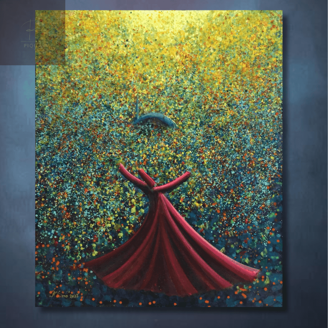 Abstract painting of a red dress floating among colorful flowers, with vibrant yellow and green hues.