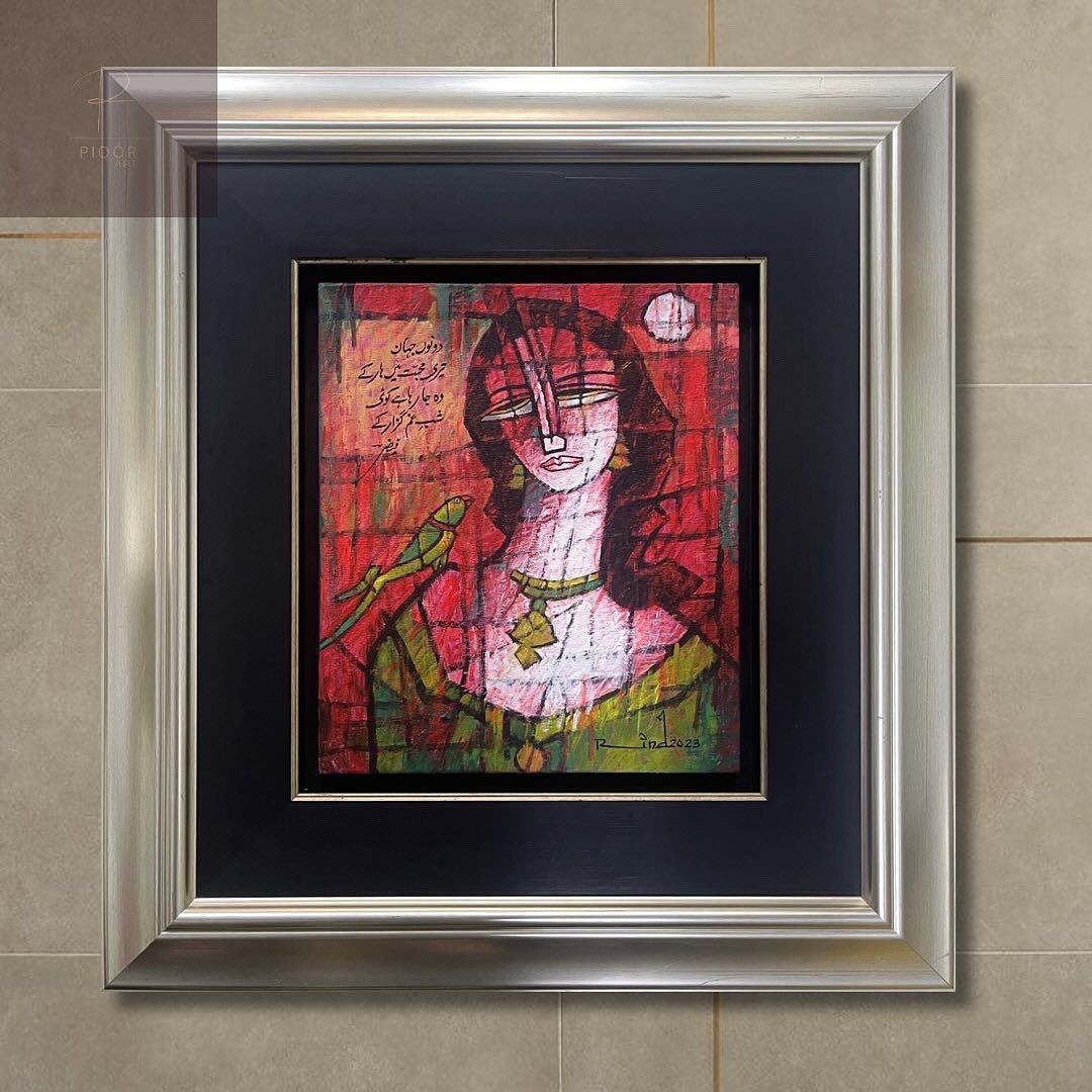 Framed abstract painting of a woman with red background, featuring geometric shapes and a bird.