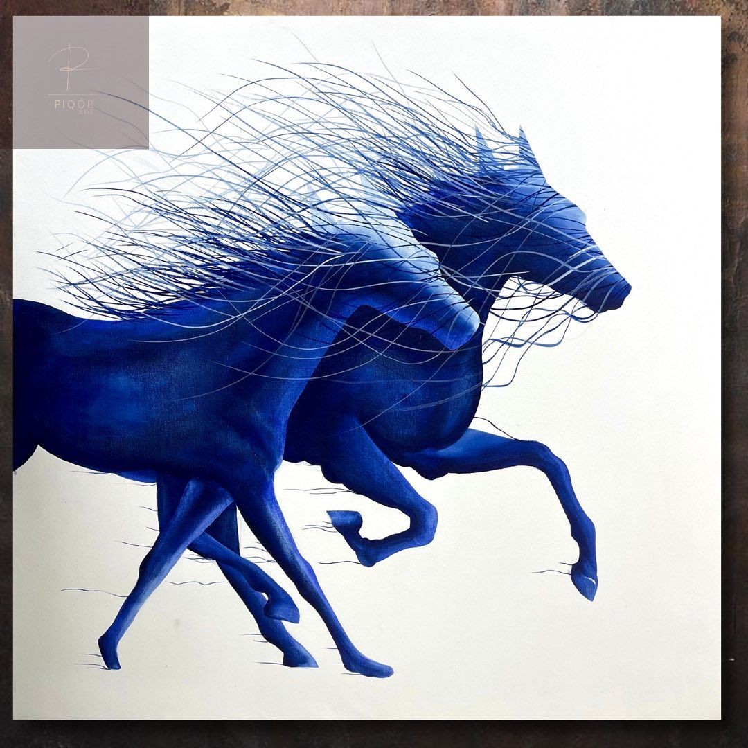 Abstract painting of two blue horses in motion, with flowing lines representing speed and energy.