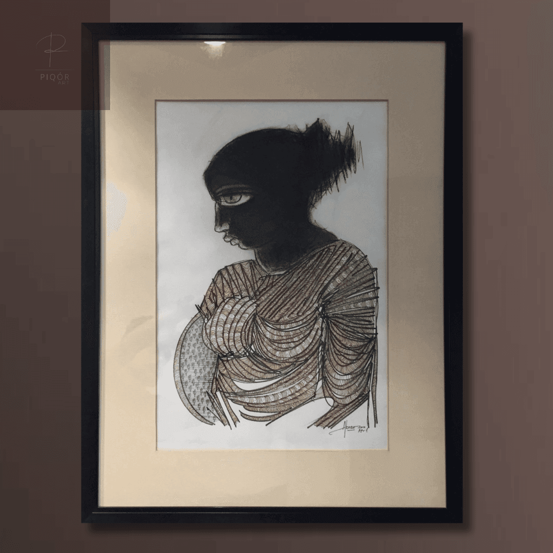 Framed abstract portrait drawing of a person with textured clothing and stylized features.