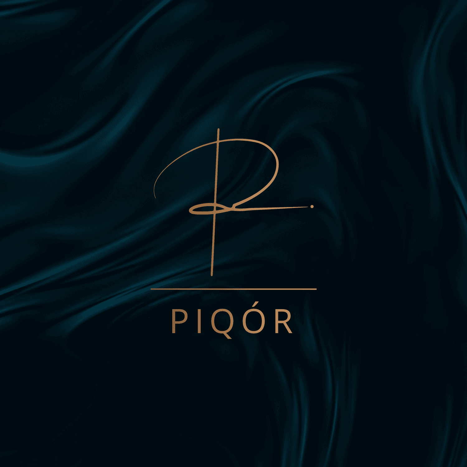 Elegant gold logo and 'PIQÓR' text on a dark, wavy background.