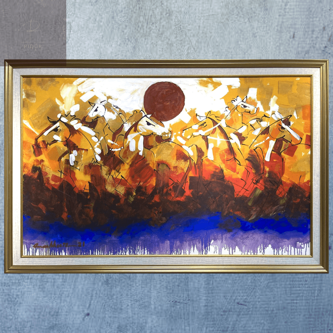 Abstract painting of horses in motion with a bold sun, framed and displayed against a textured background.