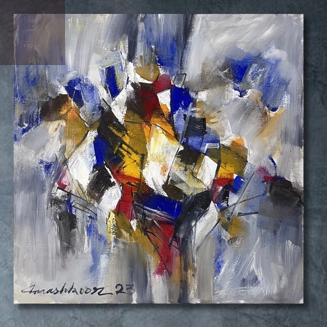 Abstract painting with bold blue, red, and yellow strokes on a textured, gray background.