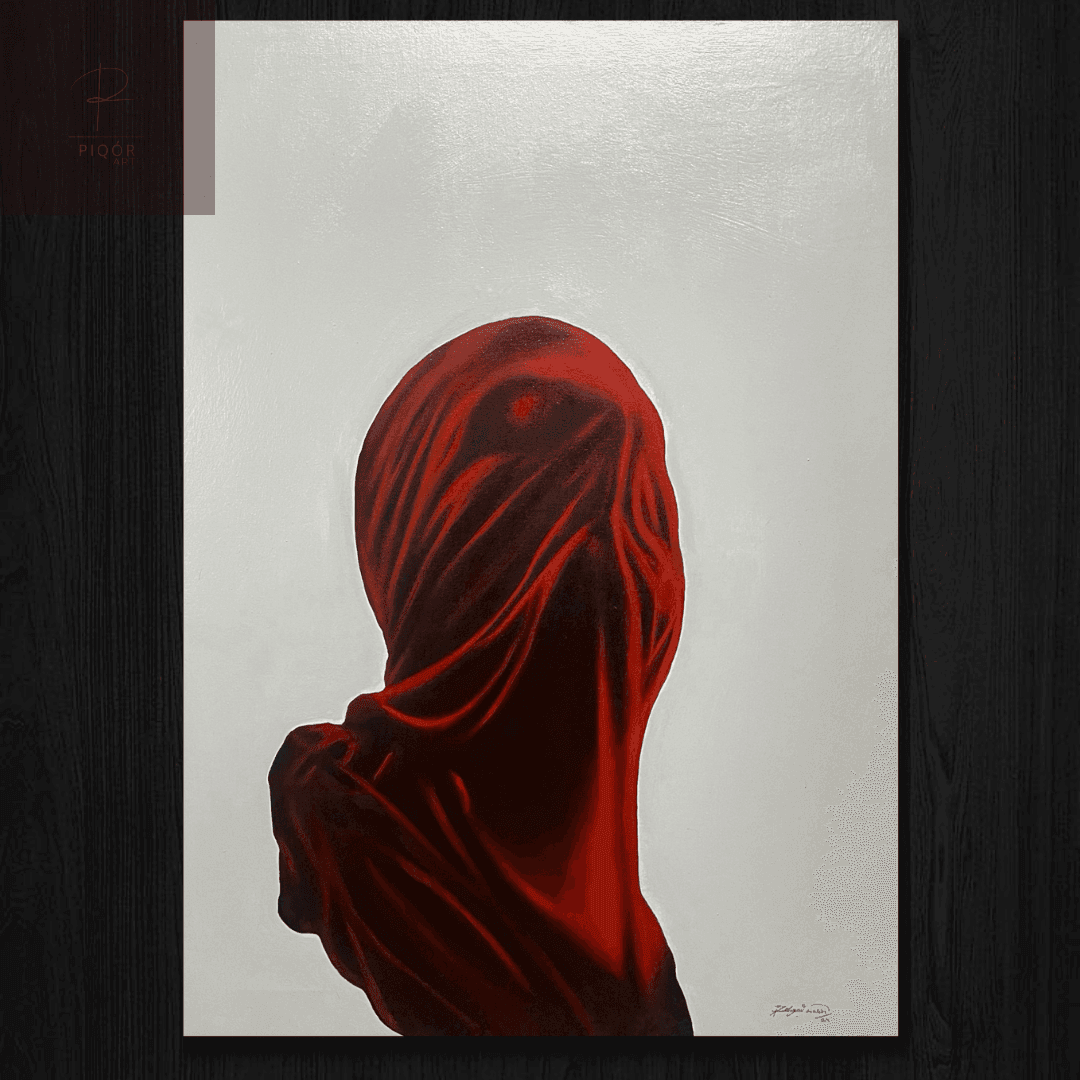 Abstract painting of a figure draped in red fabric against a white background.