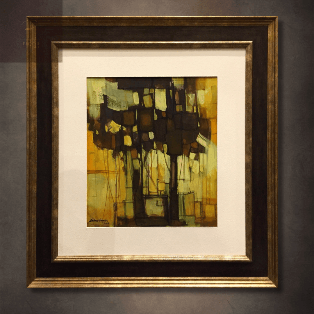 Framed abstract painting with geometric shapes in earthy tones, displayed on a gray wall.