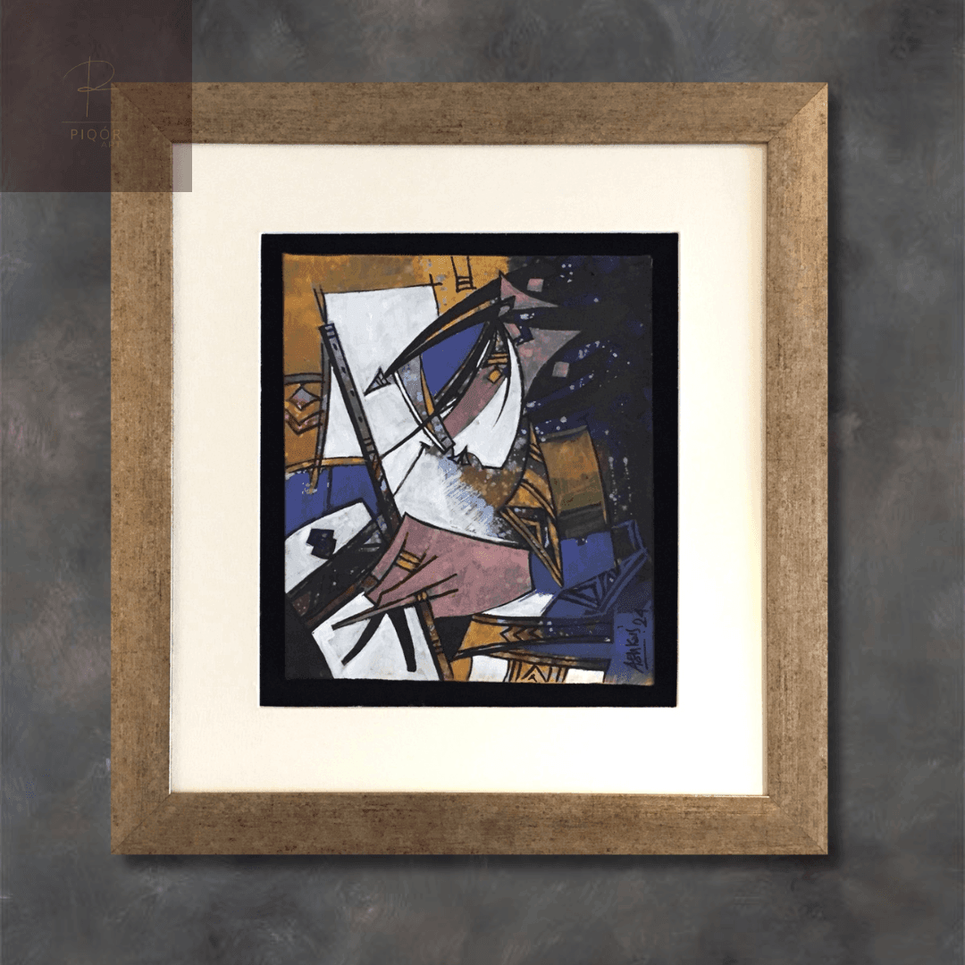 Framed abstract painting with geometric shapes in blue, white, and brown tones.