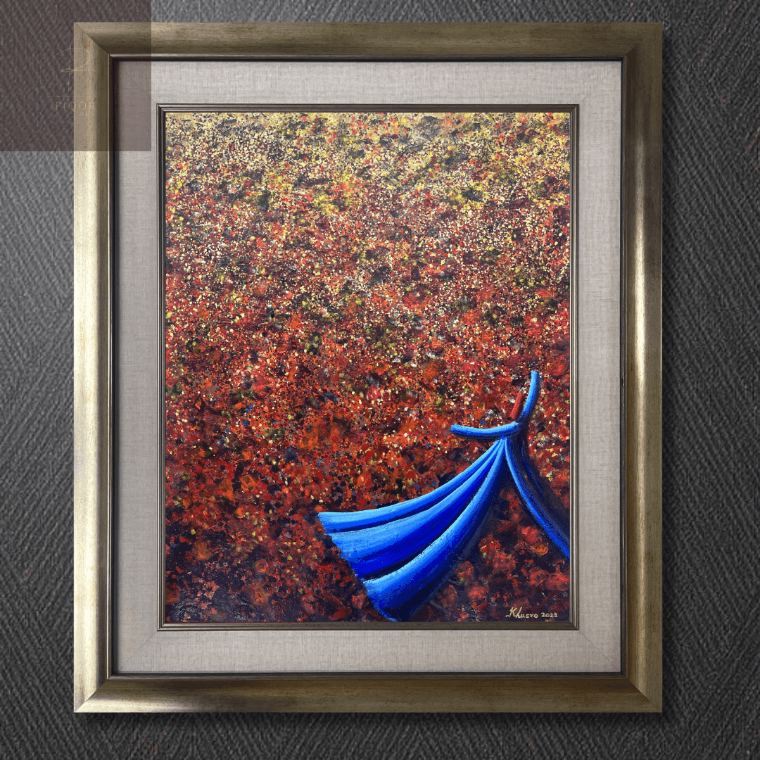 Framed abstract painting featuring a vibrant red and orange textured background with a blue draped form.