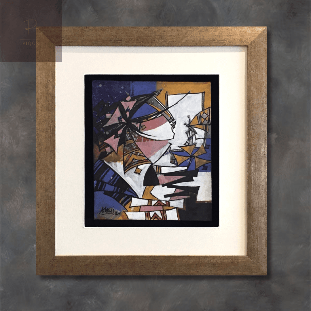 Abstract geometric painting with angular shapes in a wooden frame on a textured wall.