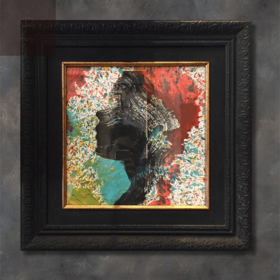 Abstract painting of a profile silhouette surrounded by colorful floral patterns in an ornate black frame.