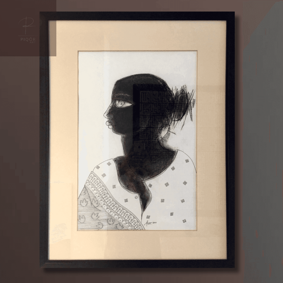 Framed abstract artwork of a person in profile with a dark face and patterned attire.